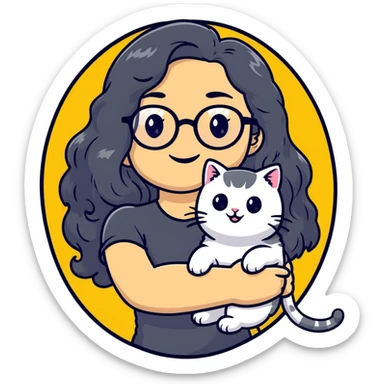 Young woman with warm yellow skin tone, oval face, long black wavy hair, thin-framed glasses, smiling while holding a grayish-white Munchkin cat with short legs and gray marking under its mouth sticker