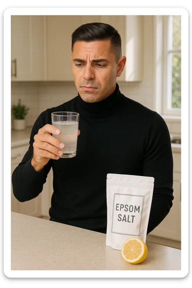 A realistic, bright photo-style image of a young man in his 30s standing in his kitchen, holding a clear glass filled with water in which Epsom salt (magnesium sulfate) has been dissolved. He looks focused but slightly uncertain as he prepares to drink it for a liver flush or digestive cleanse. The glass shows slight cloudiness from the dissolved salt. On the counter are a packet labeled 'Epsom Salt' and a sliced lemon, suggesting he might use it to mask the taste. The setting is clean, natural, and bright with neutral tones. The background shows sunlight streaming through a window, emphasizing a clean, minimalist health-focused environment. The mood conveys a realistic, calm moment of self-care with a hint of discomfort, illustrating a natural detox practice in italiano sticker