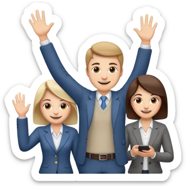 playful product owner emoji, person leading a team meeting, everyone smiling and high-fiving sticker