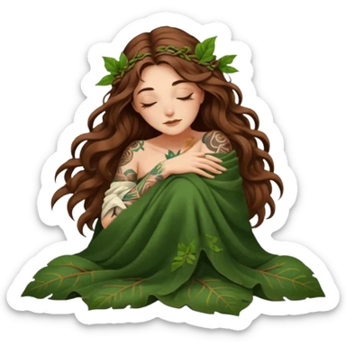 sleepy moon druid woman long wavy brown hair tattoos in leaf blanket sticker