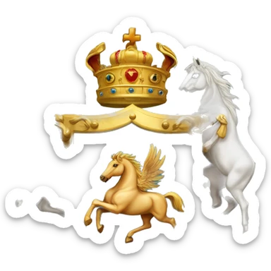 Create an ornate coat of arms featuring two majestic horses rearing on either side. The central shield should display a radiant sun with a face, surrounded by golden rays. Above the shield, include an elaborate crown adorned with intricate details. sticker