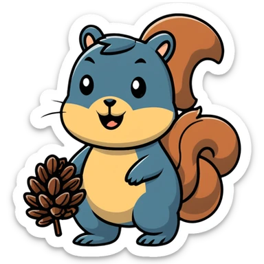 Greedy little squirrel with a large pine cone balanced on top of its head, with an unsettling strange expression, looking hungry sticker