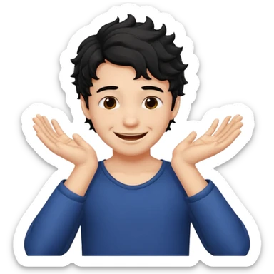 a boy with black wavy hair smiling very big but strangling his neck with his hands sticker