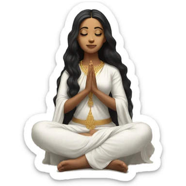 Light skin ;Black long hair wearing white saree praying infront a white temple sticker