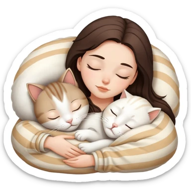 Brunette girl sleeping with white cat with beige stripes sticker