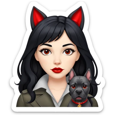 Fashionable woman with long black hair, big red lips, and Cane Corso dog ears and short tail sticker