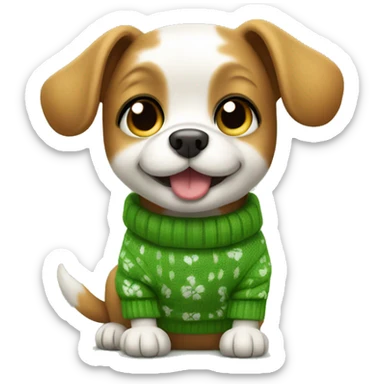 Little dog wearing sweater with four-leaf clever and waving a paw sticker