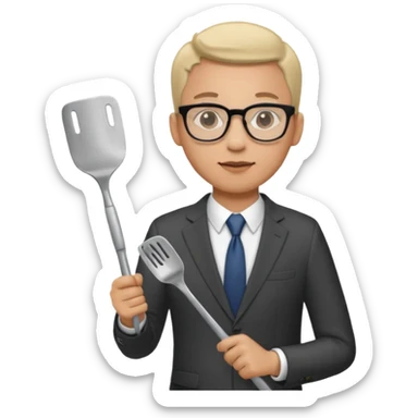 man with glasses wearing a suit and holding a spatula sticker