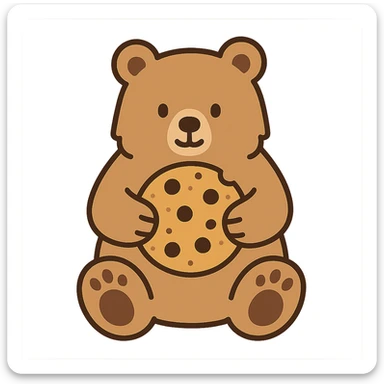 flat toon style blonde grizzly bear sitting, full body, holding a large chocolate chip cookie sticker