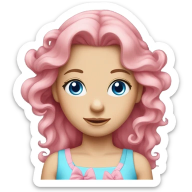 Long wavy Pink haired girl with bright beautiful blue eyes and pretty face, wearing a cute pink dress with a bow in her hair sticker