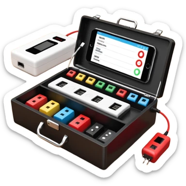 Open professional black testing case on wooden desk. Interior: control panel with colored sockets, USB ports, and power outlet. Inside: a roll of white QR-code calibration stickers.  red test probe.  sticker