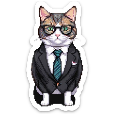 business cat with glasses looking like an office boss, wearing a suit and tie sticker