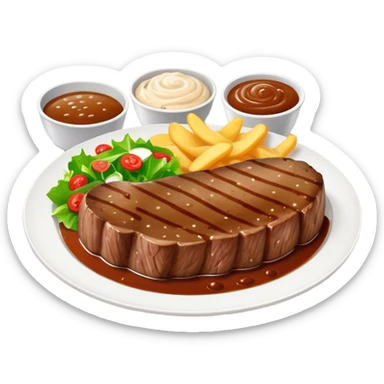 big juicy australian steak meal featuring chips, small salad in a ramiken and gravy  sticker