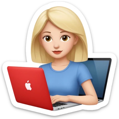 memoji of a female with a laptop in front, apple-style, modern sticker