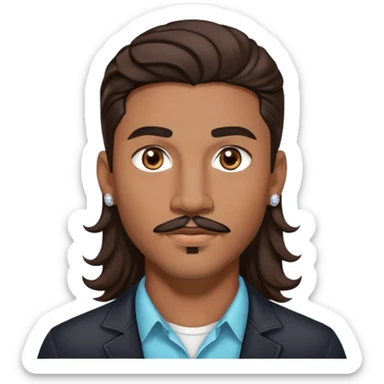 Young man with medium brown skin, mixed-race ethnicity, long wavy dark brown hair with a center part, mustache separated from goatee (no connection between them), medium brown eyes, diamond stud earrings in both ears, head only sticker