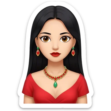 Bella Goth, latin woman long straight hair black, red dress, jade collar, beautiful sticker