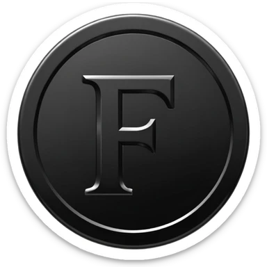 Emoji icon of a black coin with engraved letter F, minimalist style, isolated, only black color sticker