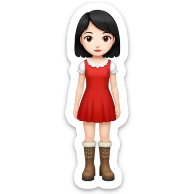 A girl with black hair up and wearing a short white and red dress with boots  sticker
