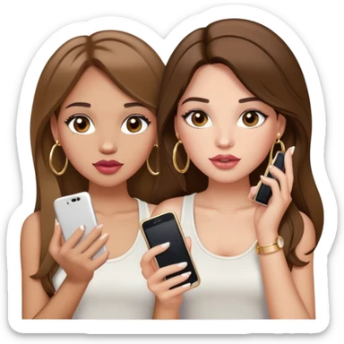Light skinned girl, long straight and less wavy brown hair center-part with face framing pieces, big hazel eyes, gold hoops, white tank, prominent blush, sassy, big lips, makeup and lip gloss, holding two phone: one talking in one hand and another in another hand sticker