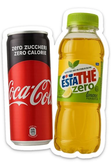 lattina di coca cola zero fluttua accanto a bottiglia di esta-thè zero, iperrealistiche 4k sticker