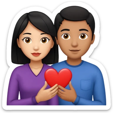 Asian Woman with black hair black eyes, brown man with black hair black eyes, and love heart sticker