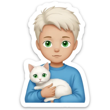 A boy in a sweatshirt holding a white cat sticker