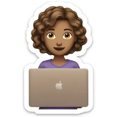 woman brown long wavy hair brown eyes and white skin with macbook sticker