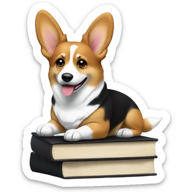 a fit tri color corgi mainly black on a stack of books  sticker
