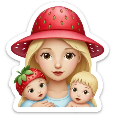 Blond girl with baby wearing strawberry hat sticker
