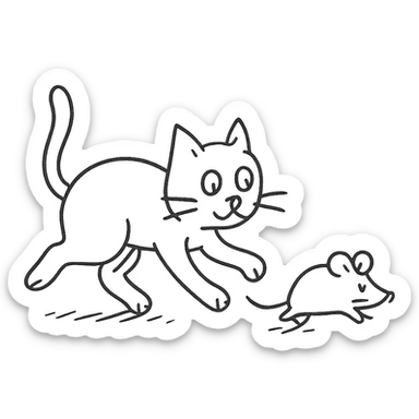 hand drawn outlined cat chasing a mouse icon sticker
