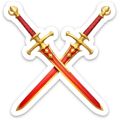 Two crossed swords that are golden in blade and handle and have fiery and royal appearence to them as well as red gem stones yellow in color sticker