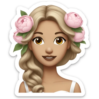 White bride with long light brown hair and with white and pink peonies bouquet in hand  sticker