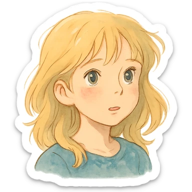 ghibli style blonde girl's head, detailed, expressive, soft colors sticker