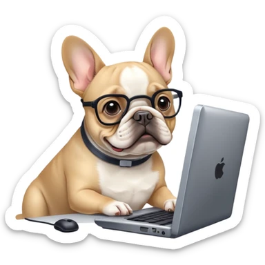 Frenchie working behind computer sticker