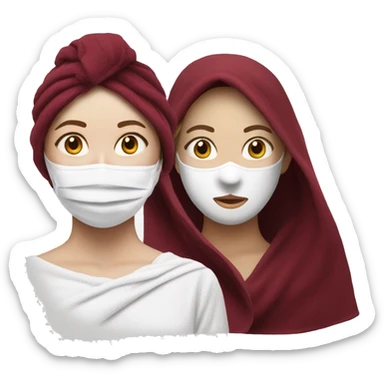 realistic white-skinned girl with a burgundy towel on her head and a white mask on her face sticker