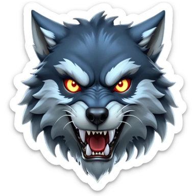 cinematic-noble-fierce-werewolf-head-close-up-emoji, poised-and-imposing, with a fierce wolfish face featuring glowing eyes full of primal ferocity, sharp, elongated fangs and a rugged snout, fur rippling in shades of midnight black and silver, muscles tensed and hunched over in an intense, threatening stance; rendered with realism, capturing the raw, untamed power of the beast beneath the moonlit sky sticker