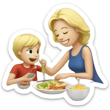 Blonde mother eating lunch with boy sticker