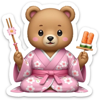 A cute light-brown bear wearing a pastel pink sakura-patterned kimono, normal balanced body ratio. 
Happily eating sushi with chopsticks, excited sparkling eyes. 
Kawaii emoji style, minimalistic clean sticker illustration, white background.
 sticker