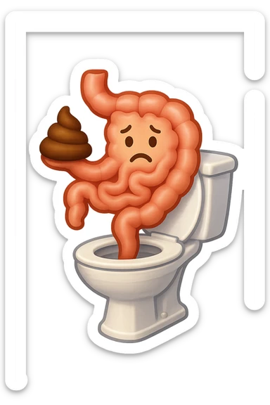 emoji stile iphone di un intestino che esce dal wc con in mano una montagnetta di feci con espressione triste a palline sticker