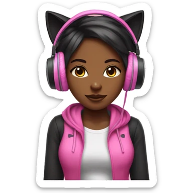 black gaming girl with pink cat headphones with bows sticker