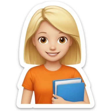 blonde girl in an orange t-shirt holding folders sticker