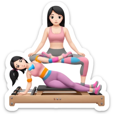 Create a Pilates emoji: a girl with fair skin and black hair, wearing a grey bra and grey leggings with pink pilates socks, doing sitted stomach massage on a wooden reformer and not looking at the camera. Make the colors neutrals. sticker
