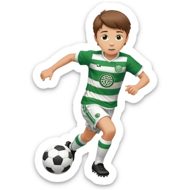 Brown hair 6 years old white boy footballer RUNNING playing soccer wearing CELTIC  UNIFORM  has white stripes  # 17 in the jersey ! Only 1 celtic Logo sticker