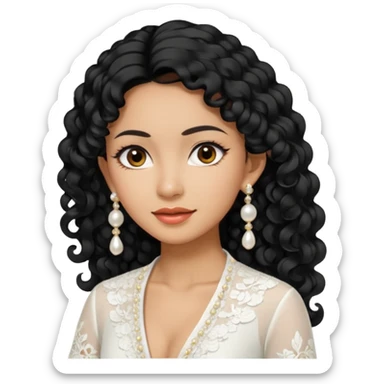 tan skin women, with black long Curly hair, wear white kebaya , and pearl earring sticker