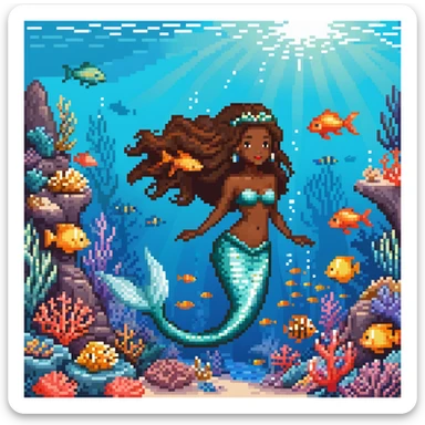 Dark brown skin beautiful mermaid princess in ocean setting with coral reef and fish sticker