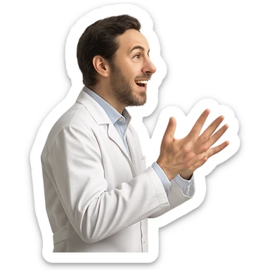 3D render of a nutritionist wearing a white lab coat, side view, passionately discussing, hands raised, bright expression, isolated white background, hyperrealistic 4K details sticker