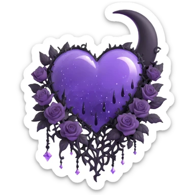 gothic heart made of purple glass with a crescent moon on the right, cluster of tiny black roses, sparkling stardust, zigzag lightning, dripping rain, shattered cracked glass texture sticker