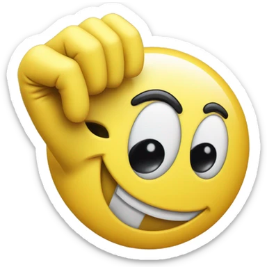 grinning yellow smiley with cartoon eyes and a white hand glove doing the 'call me' hand sticker