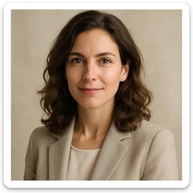 portrait of a calm, confident woman with wavy hair, gentle smile, approachable professional look, soft background sticker