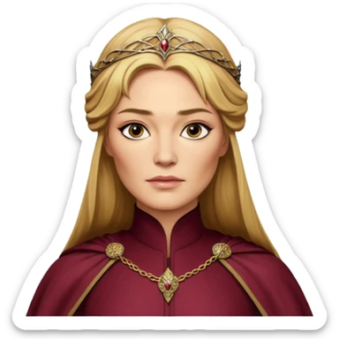 Cinematic Realistic Cersei Lannister Portrait, depicted with lifelike skin texture, subtle rosy undertones, and soft natural lighting that enhances the gentle contours of her face. Her intricately detailed golden blonde hair is elegantly styled , sticker
